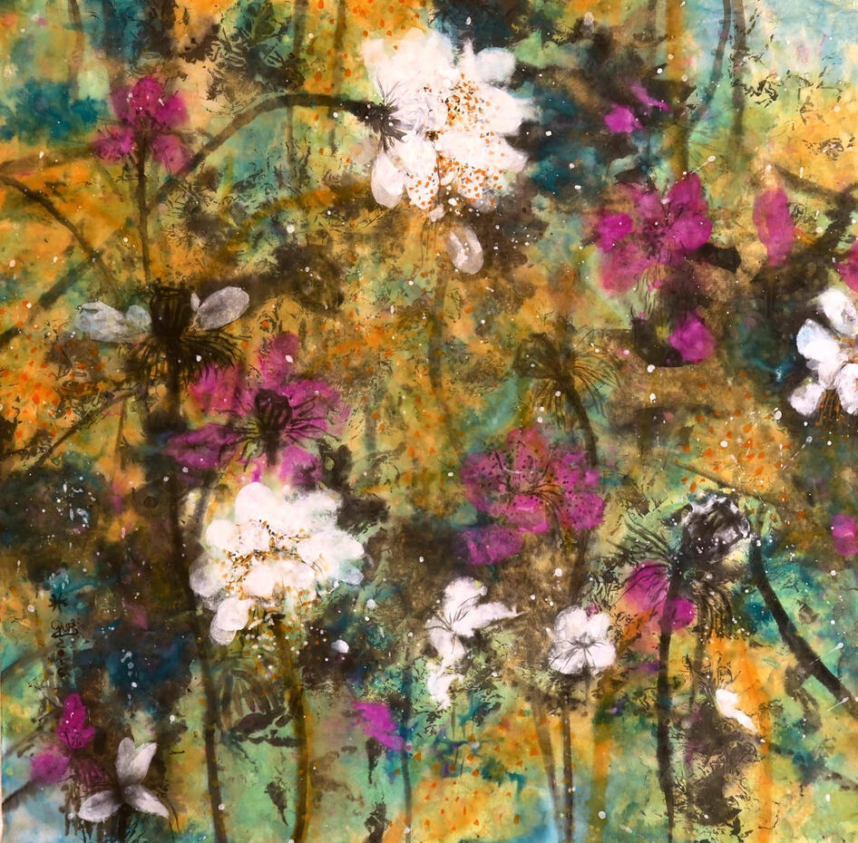 Dance of Lotus I - SOLD © 2015 Tusche & Gouache auf Reispapier 68x68cm